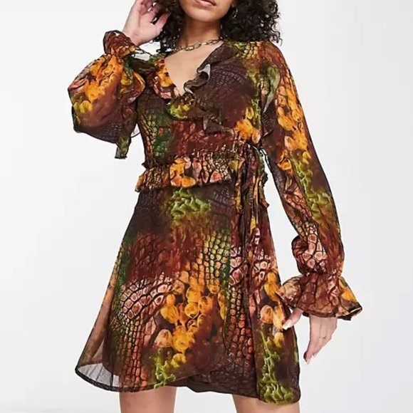 Missguided Sheer Ruffle Wrap Tie Dress in Snake Print - Picture 1 of 5